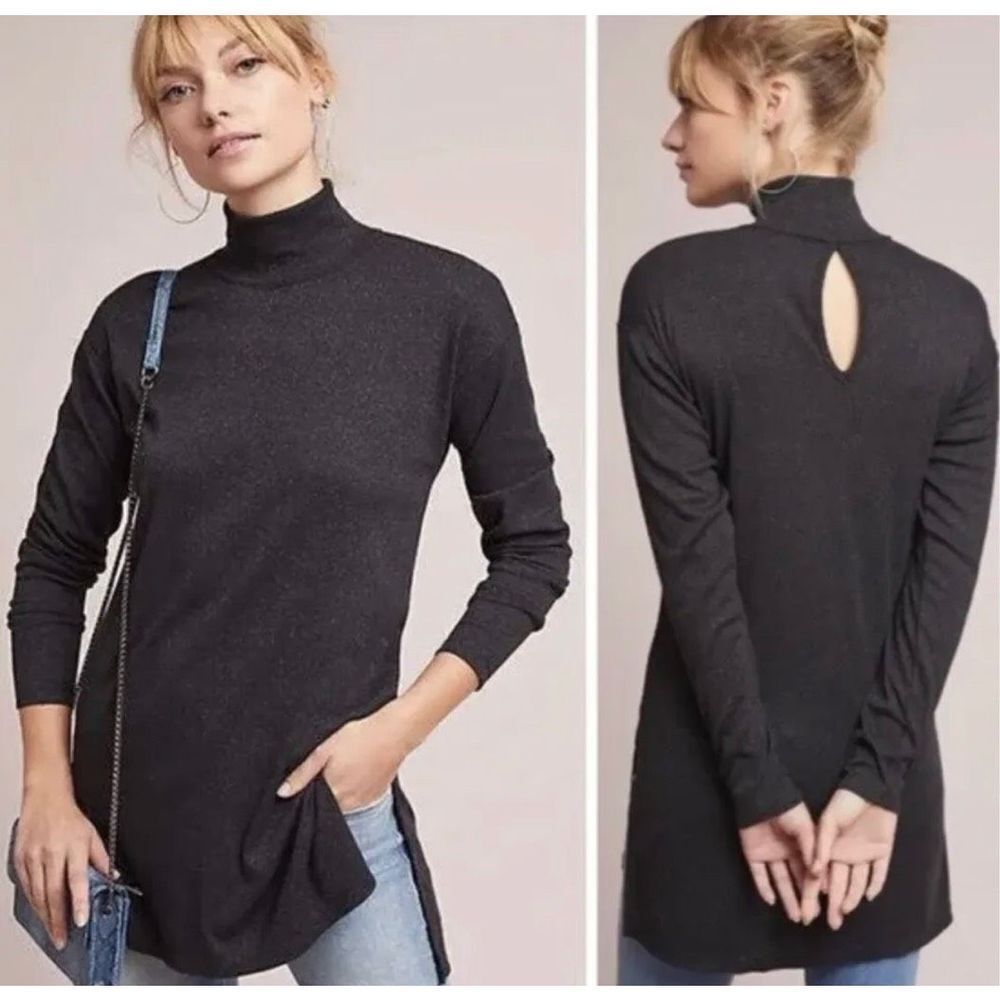 Vanessa Virginia Anthropologie Women's Mock Neck Metallic Tunic Top Black